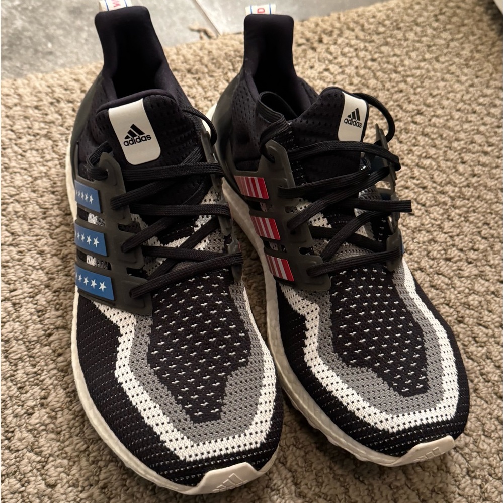 Adidas Black and Gray Shoes with Blue and Red Details